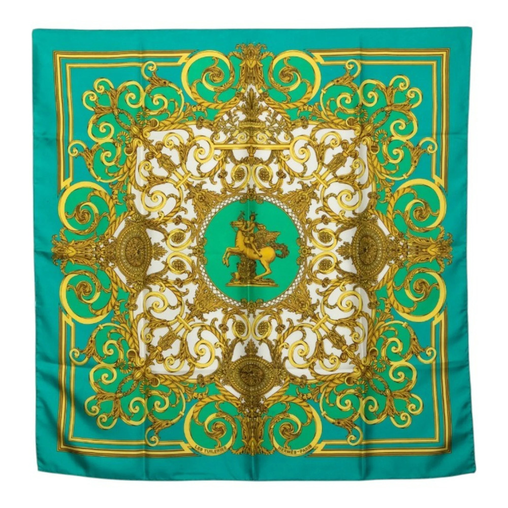 Hermes Carre 90 LES TUILERIES Tuileries Garden Scarf/Muffler, Green, Silk, Wo...